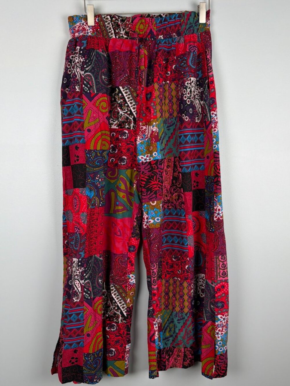 Patchwork Wide Leg Pants Womens L Red Patchwork Beach Resort Pool Vacation Boho